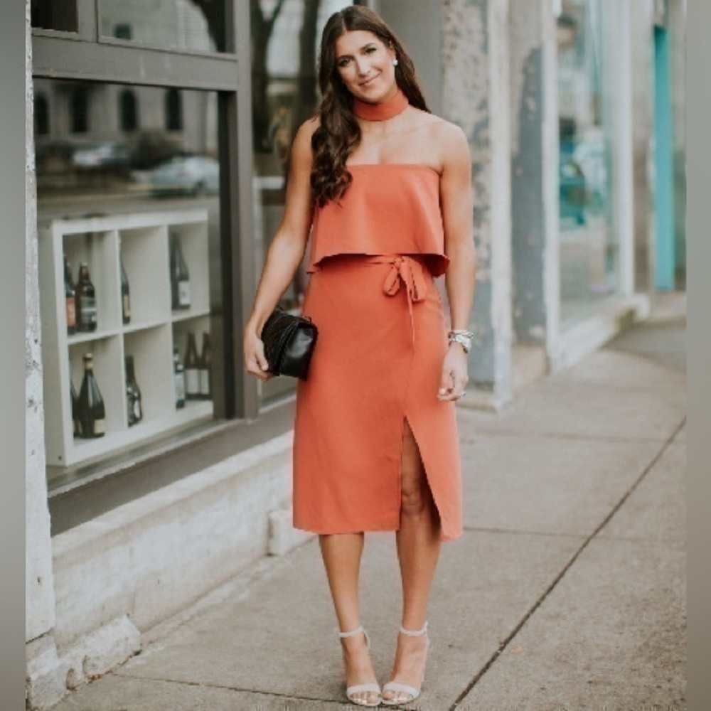 Lovers + Friends XS Max Midi Dress Blood Orange Strapless Ruffle Revolve